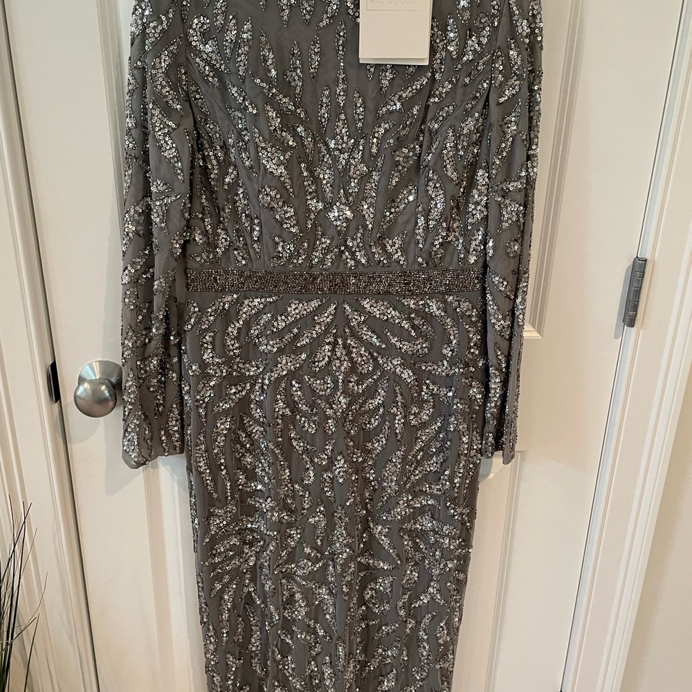 Mac Duggal Silver Sequin Sheath Dress with Bishop Sleeves